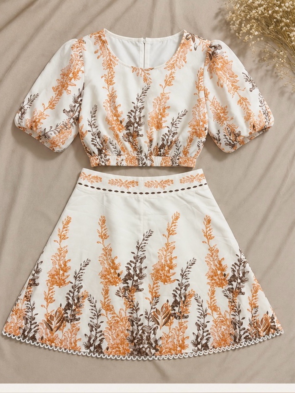 Floral Two-Piece A-Line Skirt Set - White & Mustard